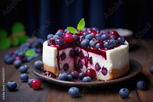 A cheesecake with a topping of blueberries and berry glaze, on a rustic plate with scattered berries on a wooden table over dark background