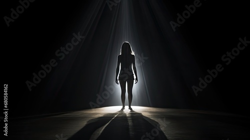 A symbolic representation of shame, featuring a figure standing in a spotlight, surrounded by darkness. The figure's body language is closed off and defensive. photo
