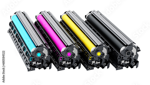 Stack of laser printer CMYK toners. Transparent background. 3D illustration