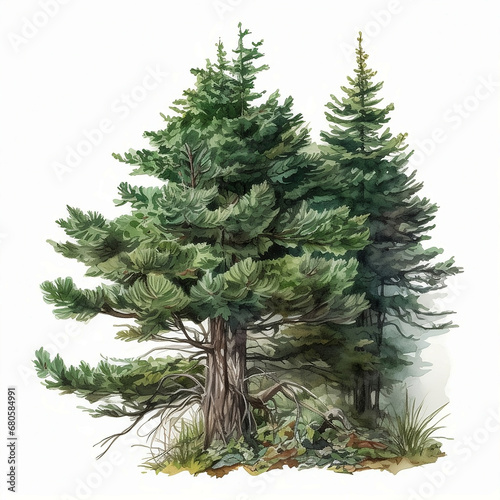 evergreen fir trees in the forest watercolor illustration