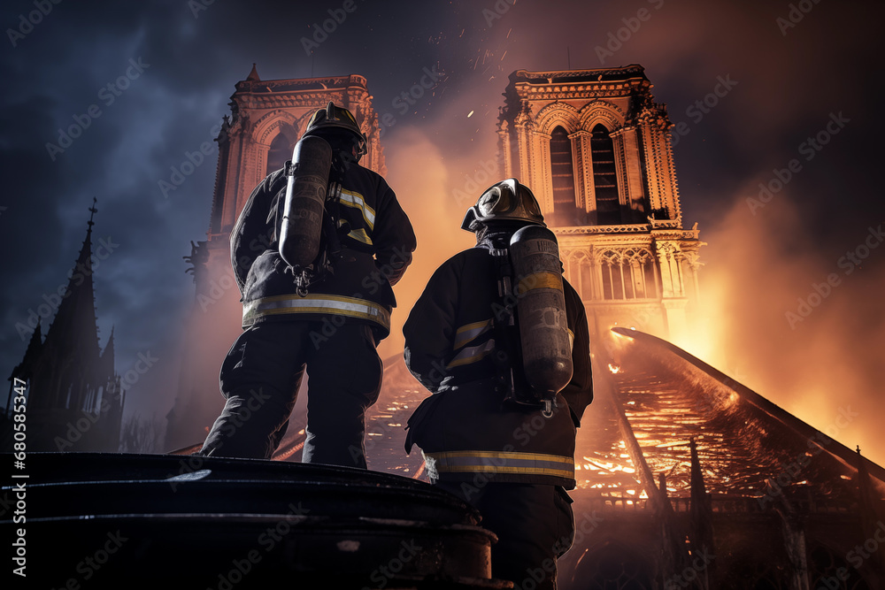 Firefighters on Notre Dame cathedral in Paris, France  - obrazy, fototapety, plakaty 
