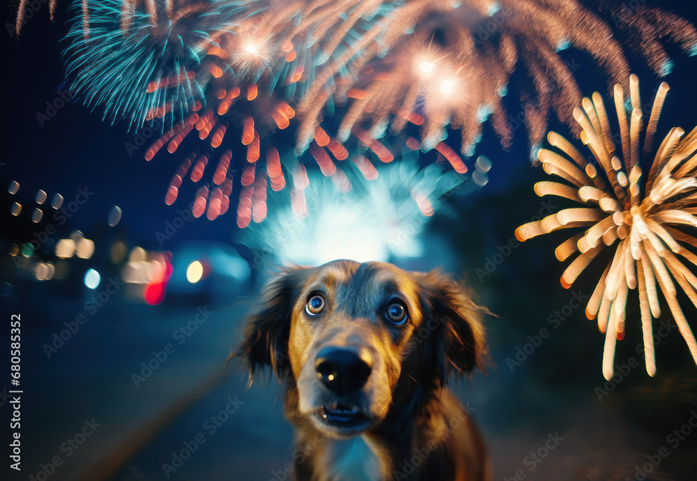 A scared brown dog looks up vivid fireworks in the night sky, portraying the common anxiety pets feel during loud celebrations - obrazy, fototapety, plakaty 