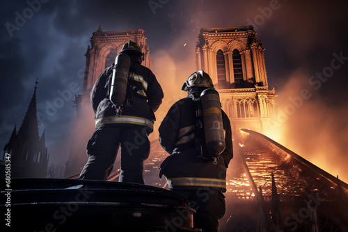 Firefighters on Notre Dame cathedral in Paris, France 