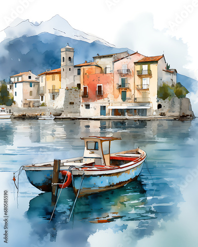 Watercolor Italy Portofino Painting Illustration Artwork - Travel Coastal Print - Tourism Cliff Coastline Oil Painting