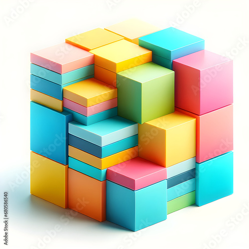 Colorful 3D Cubes Stacked in a Complex Structure on a White Background - Concept of Creativity  Problem Solving  and Modern Design