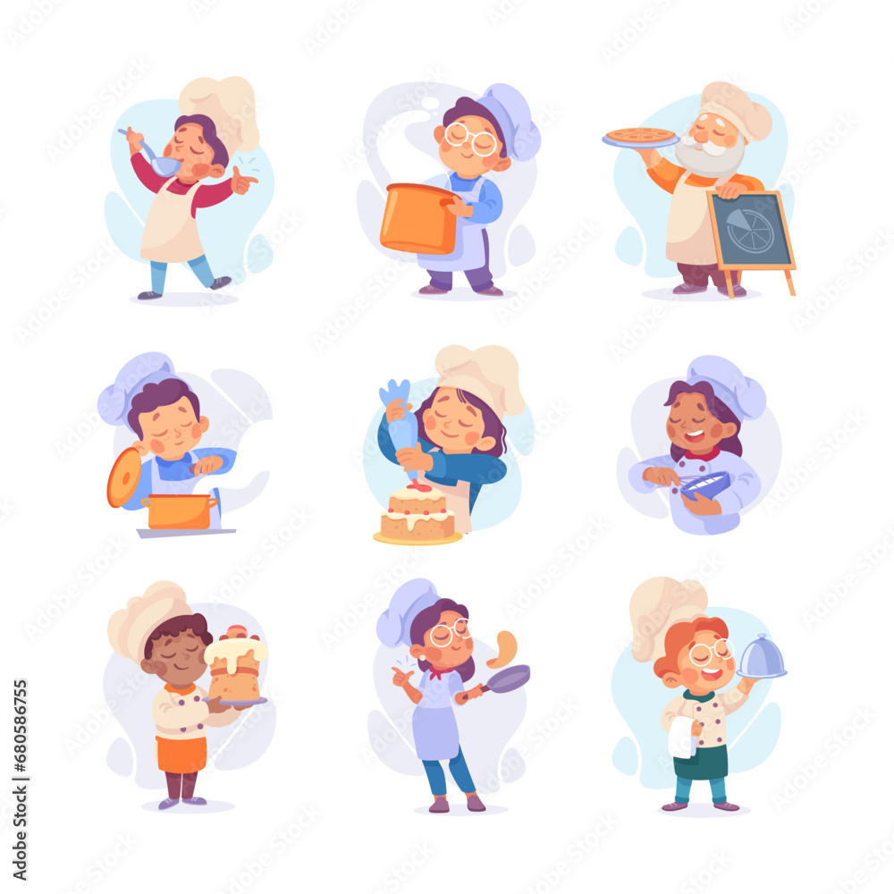 Children Cook or Chef Character in Uniform Cooking Meal Vector Illustration Set