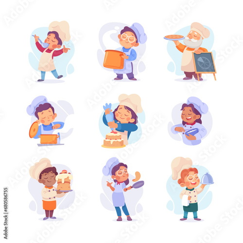 Children Cook or Chef Character in Uniform Cooking Meal Vector Illustration Set © Happypictures