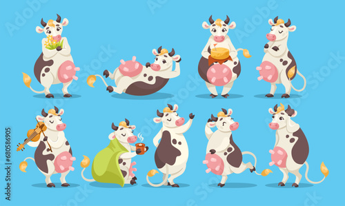 Funny Cow Character with Udder and Spotted Body Vector Set