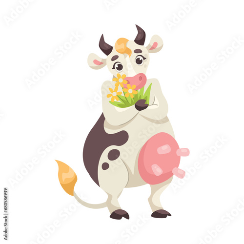 Funny Cow Character with Udder and Spotted Body Hold Flower Bunch Vector Illustration