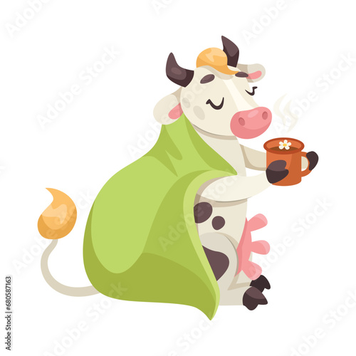 Funny Cow Character with Udder and Spotted Body with Hot Tea Drink Vector Illustration