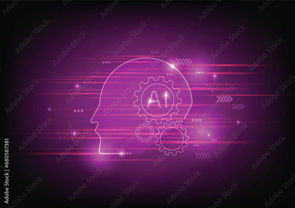 Artificial intelligence in humanoid head with transfer data. AI with Digital Brain technology background Face of cyber. Flat vector illustration. Artificial intelligence in humanoid head with transfer data. AI with Digital Brain technology background Face of cyber. Flat vector illustration.