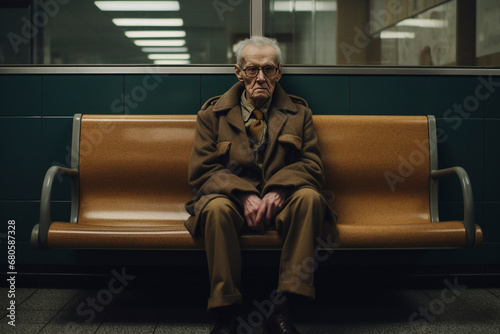 An elderly sullen man is sitting alone on a bench in the corridor. The concept of powerlessness and loneliness in old age photo