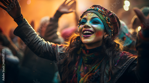 An energetic photograph of a Mardi Gras parade in full swing, with costumed revelers dancing and throwing colorful beads to the cheering crowd.