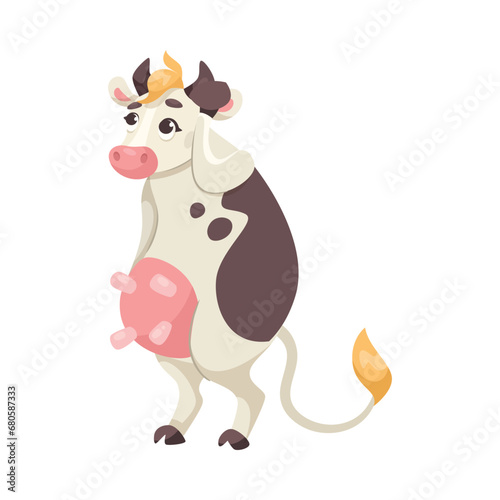Funny Cow Character with Udder and Spotted Body Stand and Think Vector Illustration