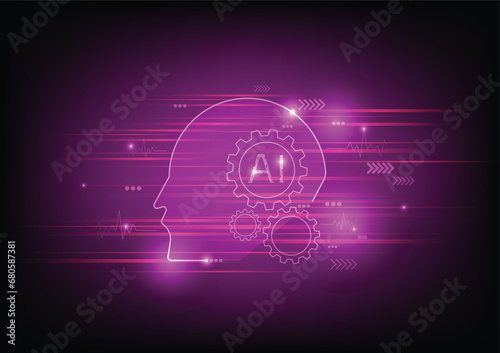 Artificial intelligence in humanoid head with transfer data. AI with Digital Brain technology background Face of cyber. Flat vector illustration.