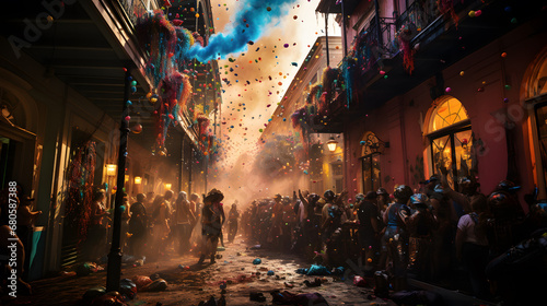 An energetic photograph of a Mardi Gras parade in full swing, with costumed revelers dancing and throwing colorful beads to the cheering crowd. photo