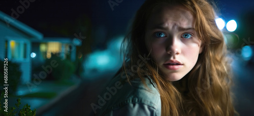 Teenage girl in a residential area at night looks nervously over her shoulder. Street crime concept