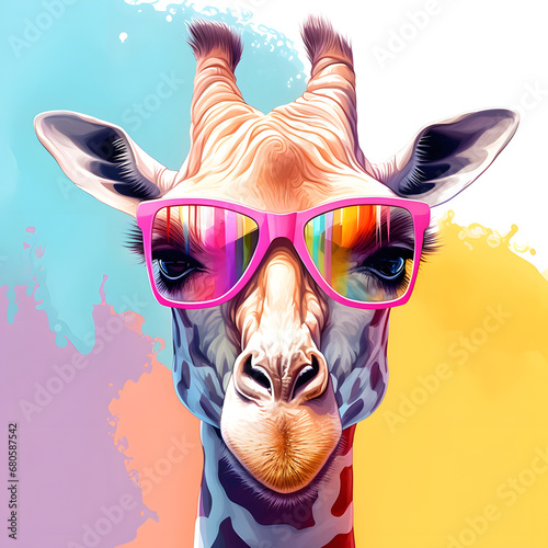 Giraffe with sunglasses. Portrait on colorful backgeround photo