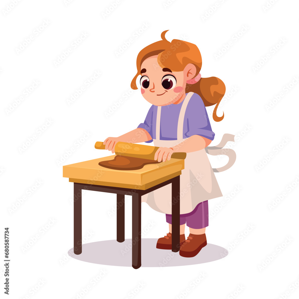 Little Girl Cooking with Rolling Pin Have Creative Pursuit Enjoy Recreation Vector Illustration