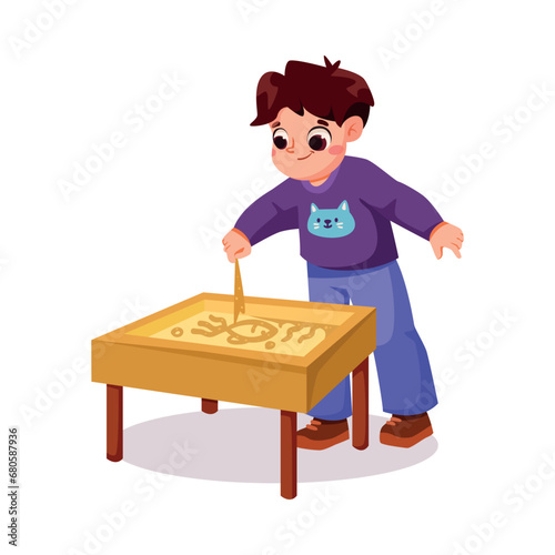 Little Boy Drawing with Sand Have Creative Pursuit Enjoy Recreation Vector Illustration