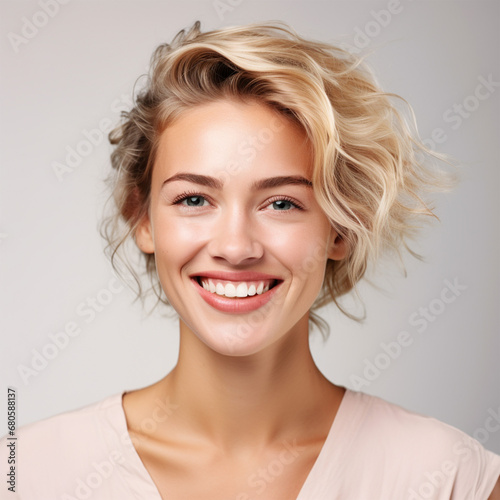 Portrait of a smiling woman with a white background headshot
