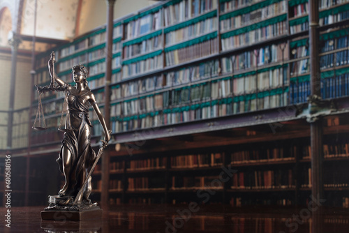 Law theme. Themis statue, scale and judge gavel in the law faculty library.