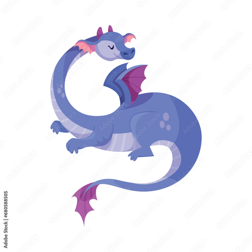 Fairy Purple Baby Dragon as Winged and Horned Legendary Creature Vector Illustration