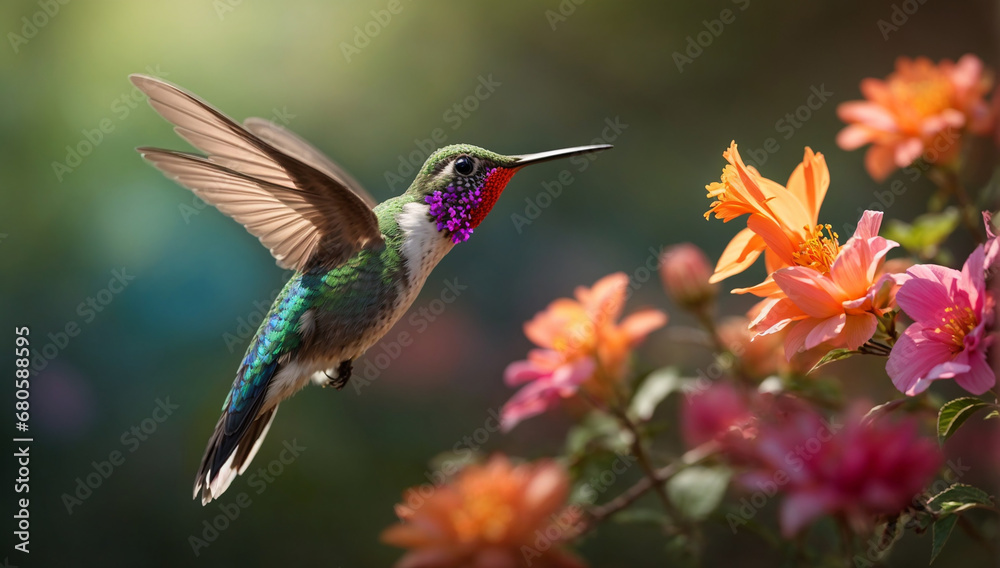 A lifelike image of a graceful and agile hummingbird hovering near a flower - AI Generative