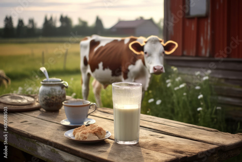 Fresh milk on a wooden table with a cow in a meadow in the background. Generative AI