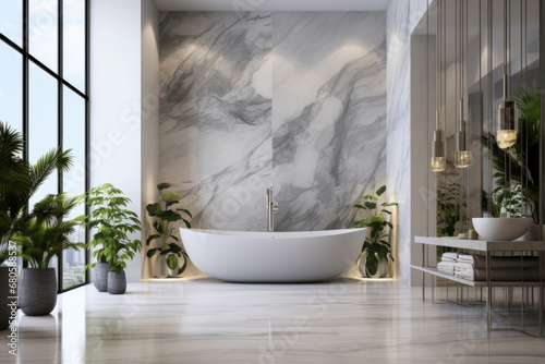 Modern luxury bathroom with marble walls. Bathtub  towels and other personal bathroom accessories. Generative AI