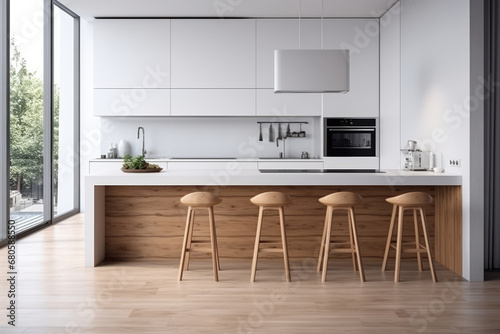 Modern scandinavian minimalist interior design of kitchen with island. Generative AI photo
