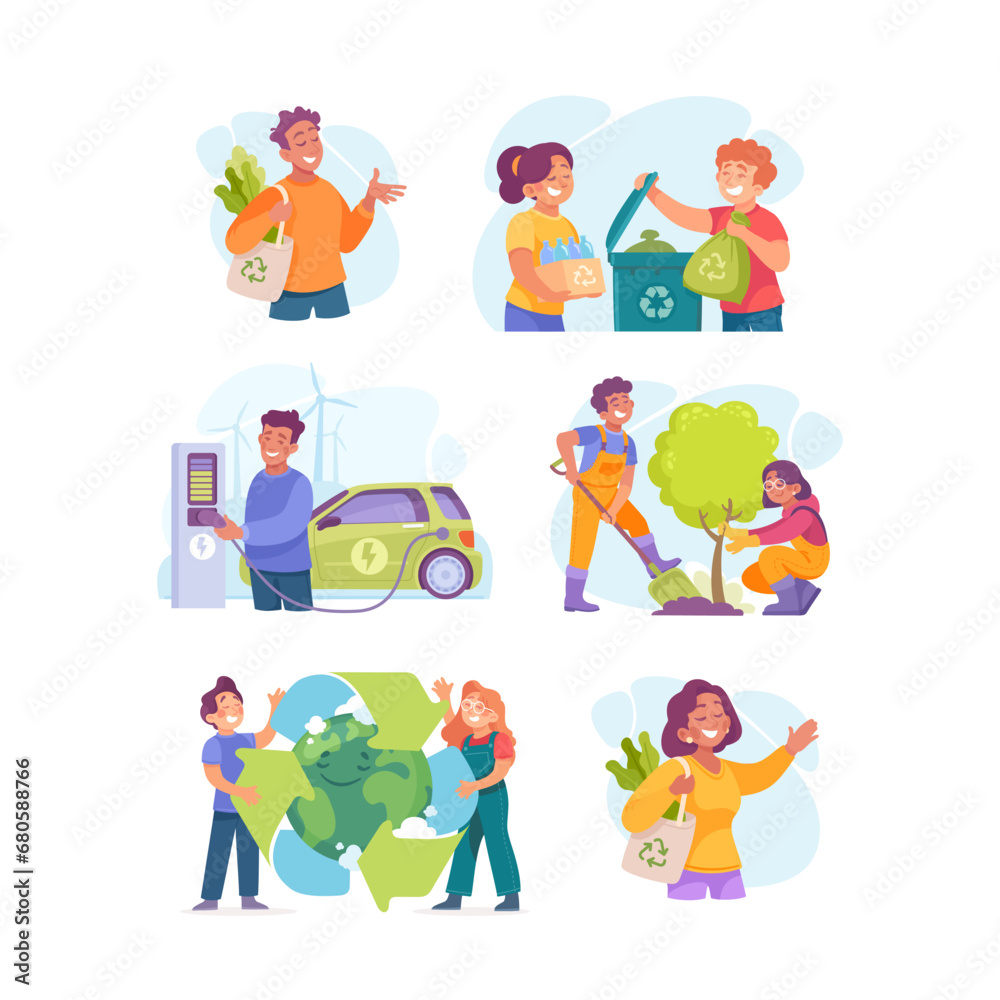 Ecology with Man and Woman Character Enjoy Sustainable Lifestyle Vector Set Ecology with Man and Woman Character Enjoy Sustainable Lifestyle Vector Set