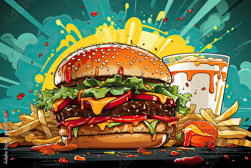 Explosion of Flavor  Double Cheeseburger with Fries and Beer in Pop Art