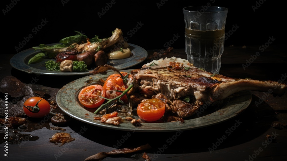 Rotting food on a plate, evoking a sense of disgust. Focus on the food, showing clear signs of decay and mold