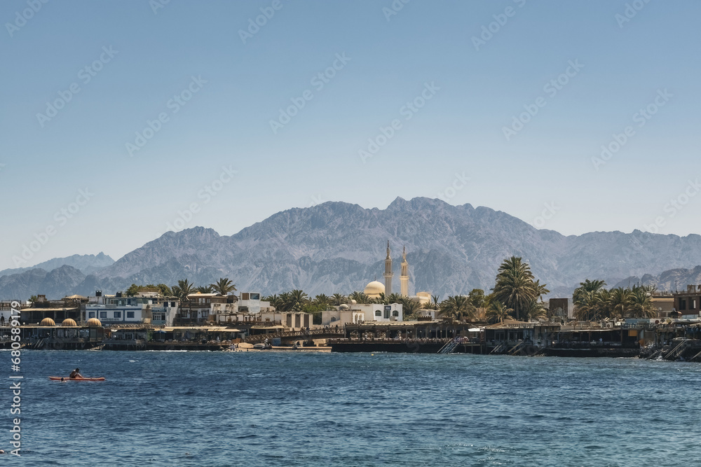 Beautiful view of the mosque in Lighthouse beach, Dahab, Egypt