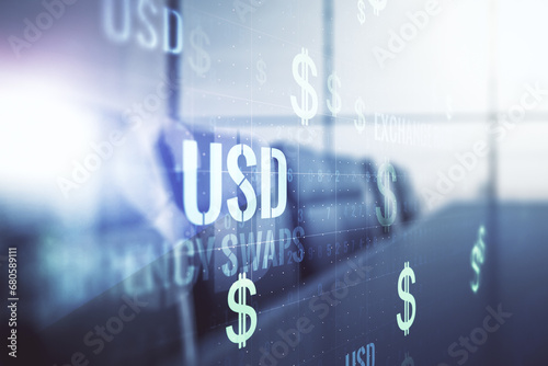 Virtual USD symbols illustration on a modern conference room background. Trading and currency concept. Multiexposure