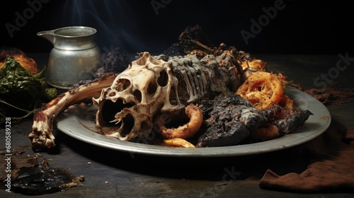 Rotting food on a plate, evoking a sense of disgust. Focus on the food, showing clear signs of decay and mold photo