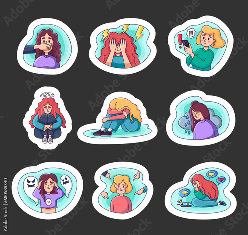 Teenage bullying. Sticker Bookmark. Cyberbullying of a person. The girl sits and cries from negative comments from society. Unhappy woman suffer from harassment.