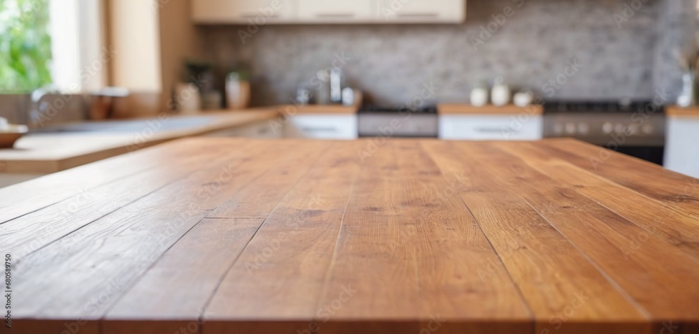Wooden table on blurred kitchen bench background. Empty wooden table and blurred kitchen background for display or montage your products Wooden table on blurred kitchen bench background. Empty wooden table and blurred kitchen background for display or montage your products