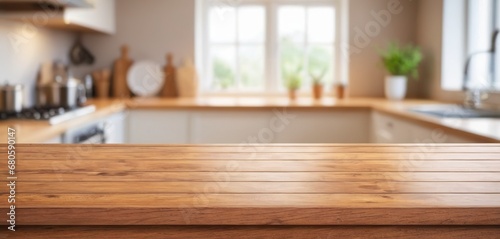 Wooden table on blurred kitchen bench background. Empty wooden table and blurred kitchen background for display or montage your products