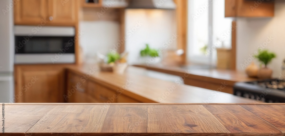 Wooden table on blurred kitchen bench background. Empty wooden table and blurred kitchen background for display or montage your products