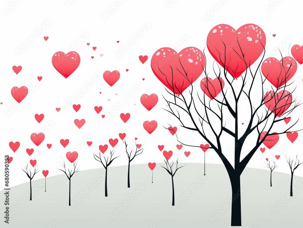 Minimalist art illustration of trees with hearts as leaves and balloons.