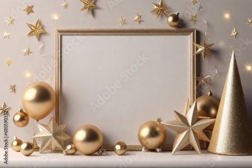 champagne bottle and golden christmas ball, Christmas mockup card with golden balls