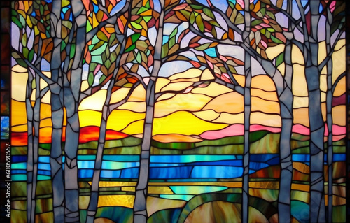 Landschaft mit Birken - Glasmalerei Mosaik von Natur am Teich - buntes Tiffany Glas photo