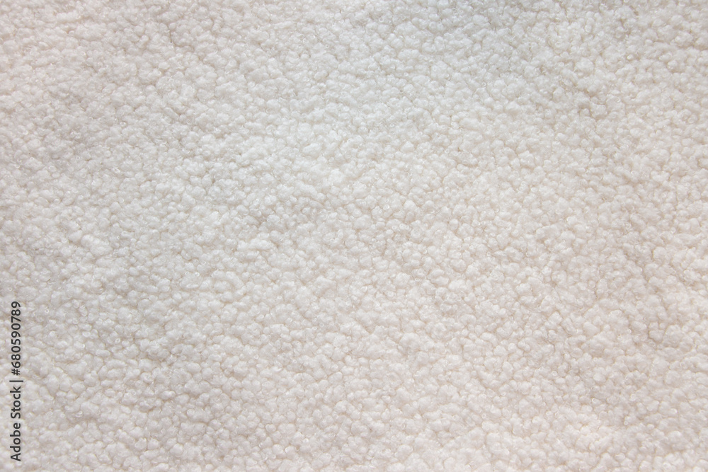 White teddy bear faux fur fabric texture. Soft textile close up - obrazy, fototapety, plakaty 