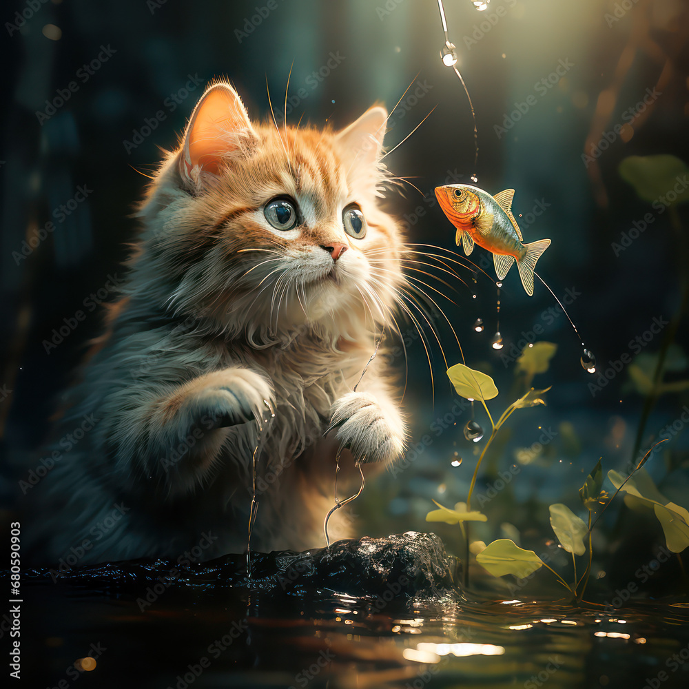 Cute cat is looking on jumping fish out from water