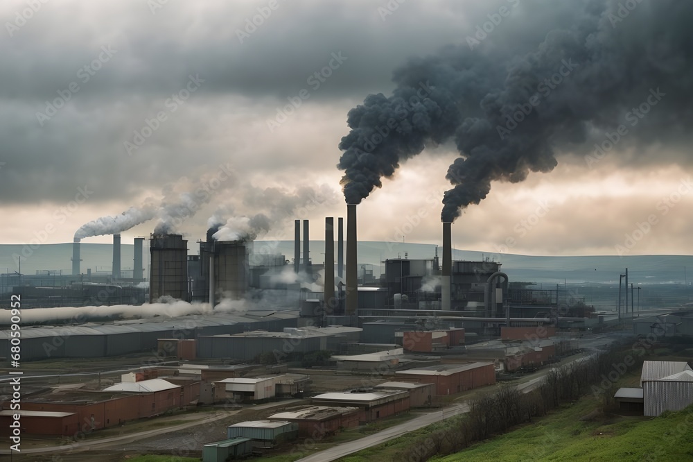 Aerial view of tall chimneys of a factory with black smoke rising up polluting the atmosphere Aerial view of tall chimneys of a factory with black smoke rising up polluting the atmosphere