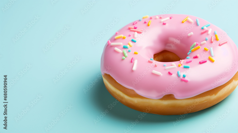 donuts with icing, sweet dessert. empty place for your text. light blue and pink colors.