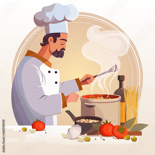 Man cooking in the kitchen. Flat style vector illustration. Cooking channel or class concept. Good for restaurant advertising