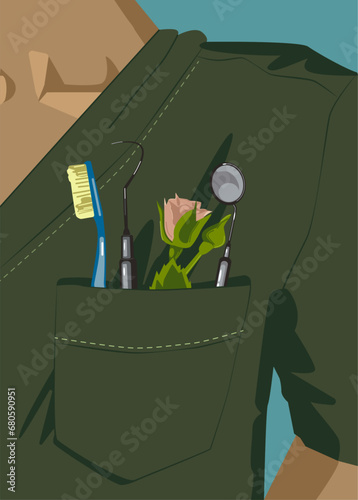 Dentist. Dentist's coat. Set of instruments of a dentist. Dentists' Day 